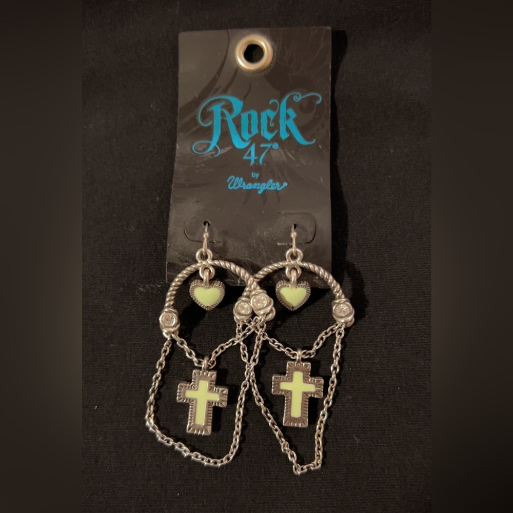 Rock 47 by Wrangler | Silver and Green Cross Earrings